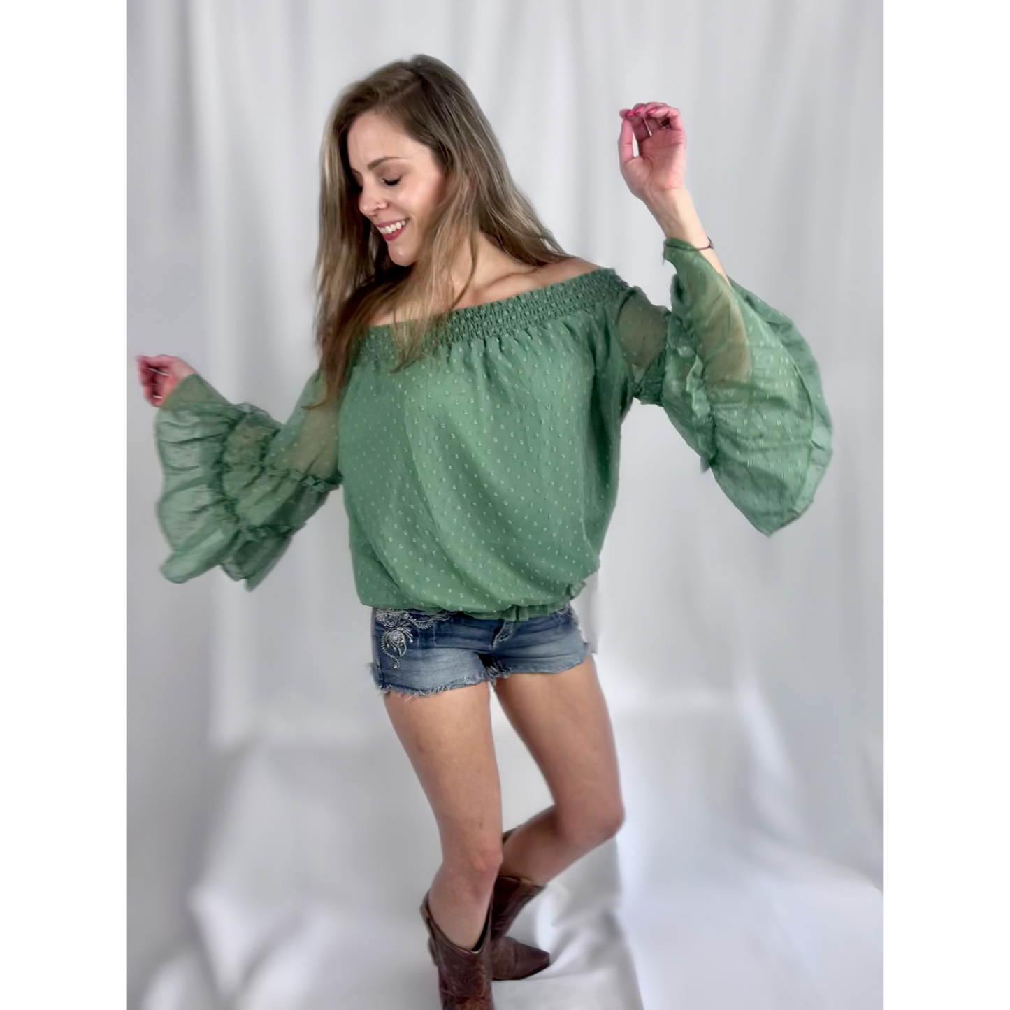 Sage Off Shoulder Bell Sleeve Blouse